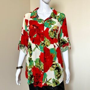 Calvin Klein Women's Floral Button-Up Top - Red and Green